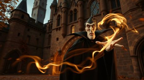 A captivating long exposure photograph showcases a classic Disney villain, sharply featured and clad in dark attire, casting
