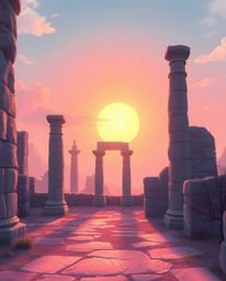 Immerse yourself in a dreamlike pastel artwork of ancient stone ruins at sunset. This piece creates an ethereal quality with 