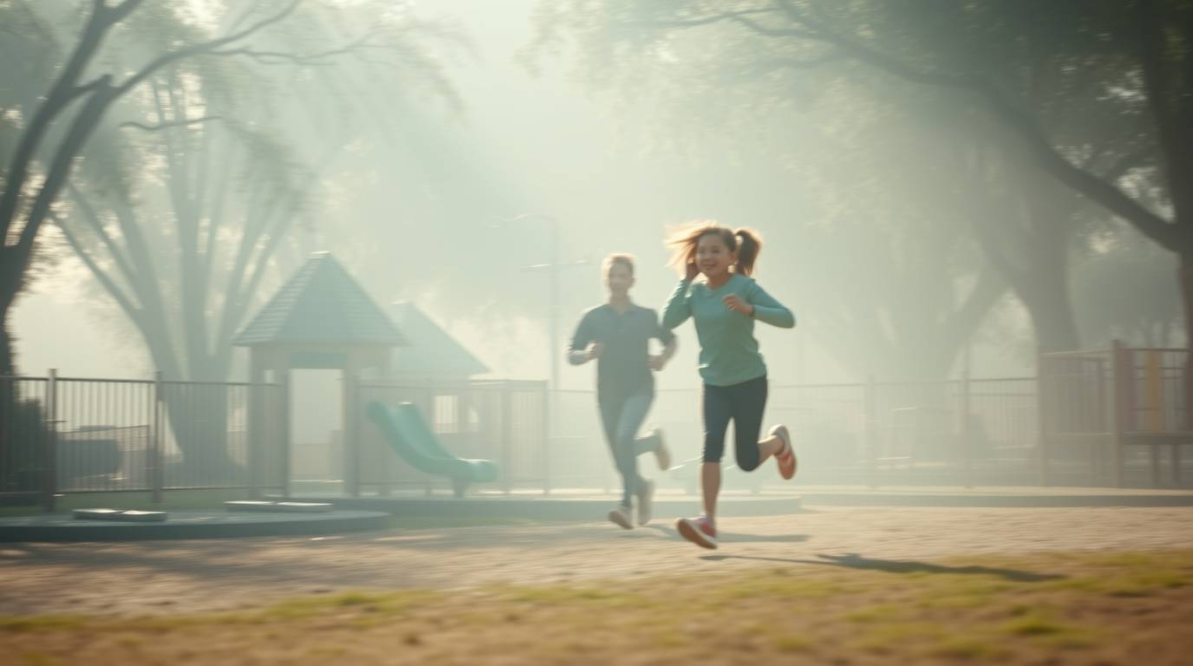 Experience a visually stunning and emotionally evocative scene: a dramatic slow-motion run through a playground bathed in haz