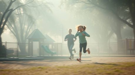 Experience a visually stunning and emotionally evocative scene: a dramatic slow-motion run through a playground bathed in haz
