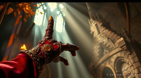 An extreme close-up showcases a classic Disney villain's bejeweled hand casting a spell within an ancient castle.  Volumetric