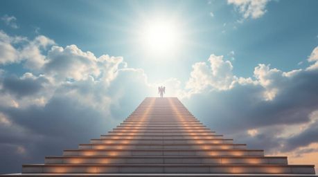 A precise architectural color photograph capturing steps of light ascending into a cloudy sky, with angelic figures subtly po