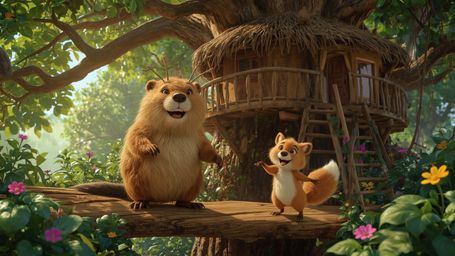 A vibrant, high-resolution stock photo, in a whimsical, Pixar-inspired style, of a happy beaver with golden-brown fur buildin