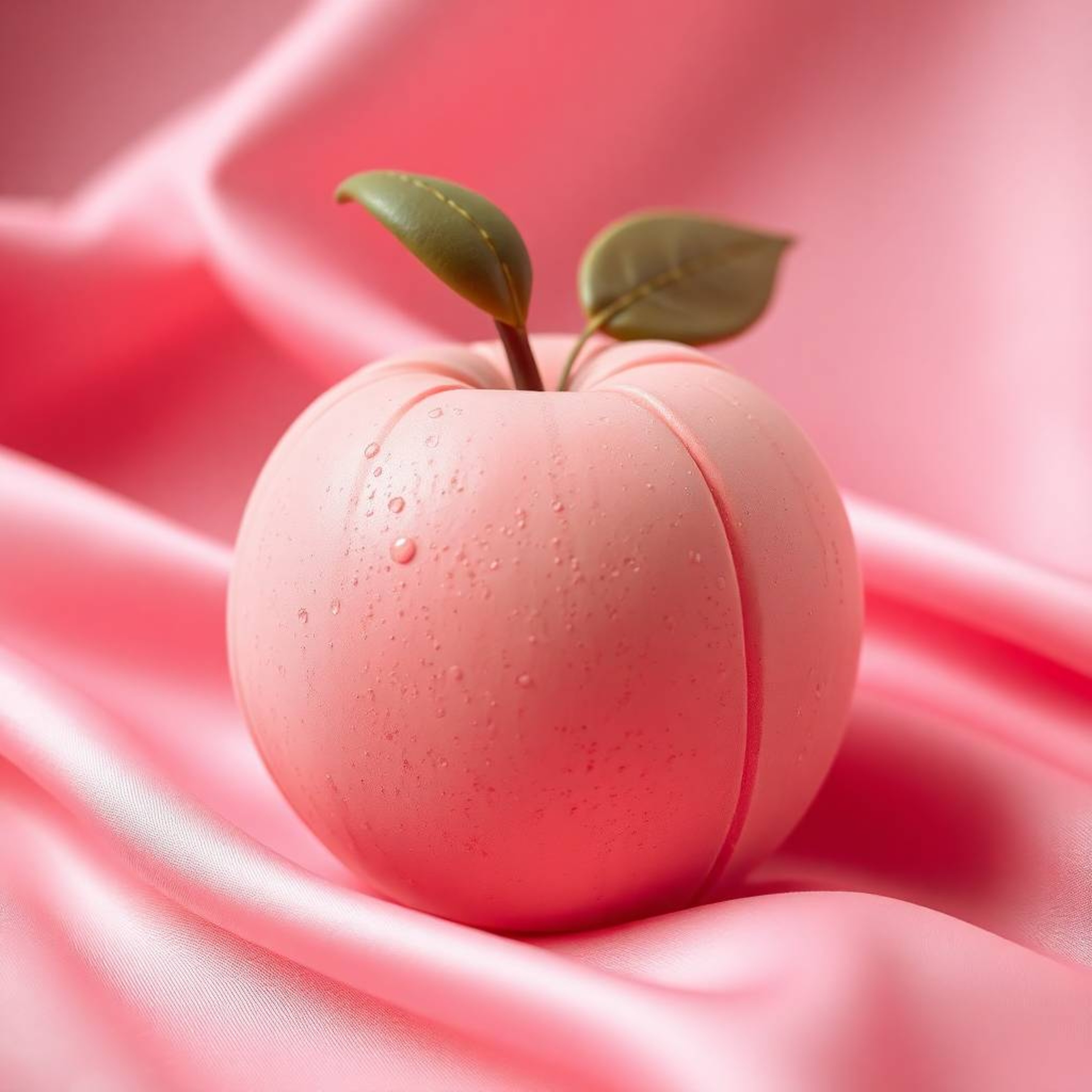 Immerse yourself in this vibrant, high-resolution close-up of a pink peach resting on pastel pink silk.  This sculptural clay