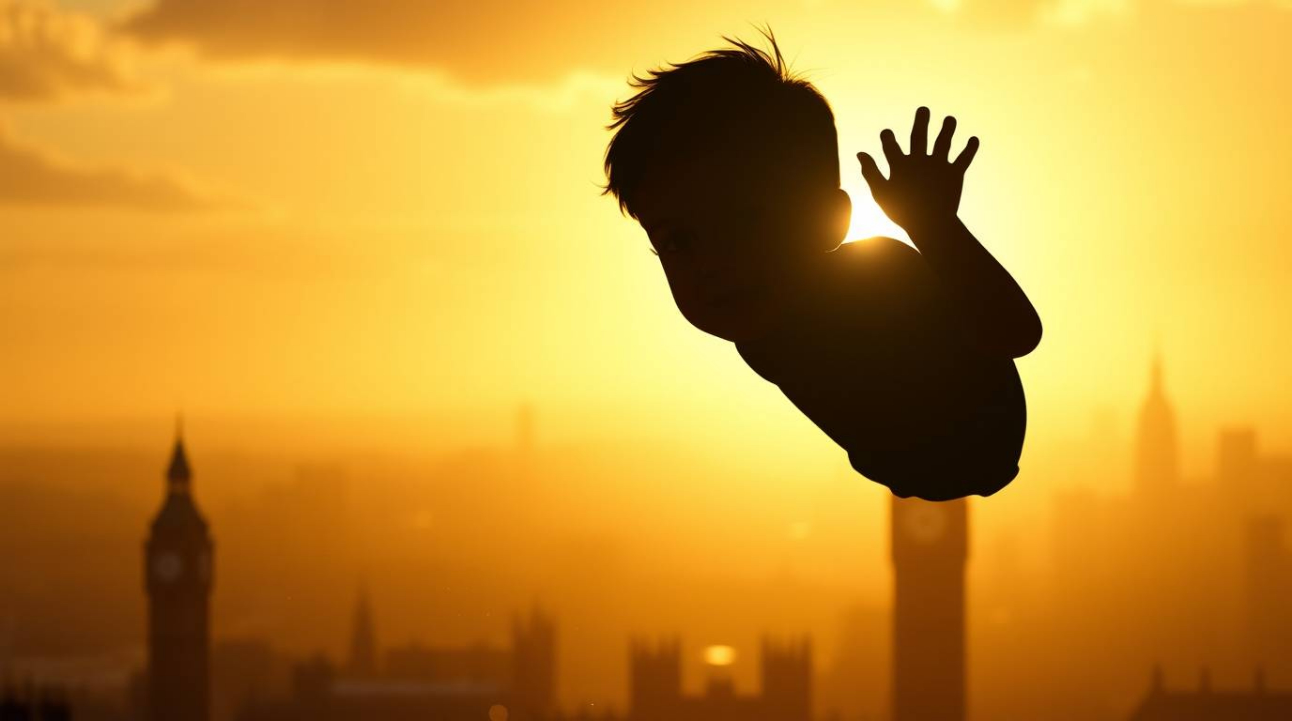 A captivating image depicting a silhouetted young boy with dark skin soaring above London, subtly dusted with pixie dust agai
