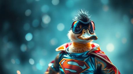This image captures an ethereal and spiritual vibe with a duck playfully dressed in a zany superhero costume. The iridescent 