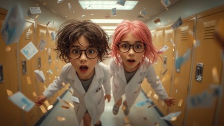 In a vibrant, cinematic photograph with a whimsical, Pixar-inspired style, a dynamic duo of young scientists finds themselves