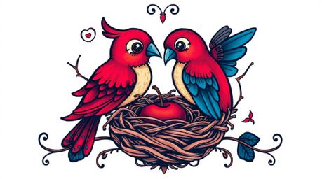 A sophisticated and elegant print featuring two cartoon birds building a nest.  This traditional tattoo-style artwork boasts 