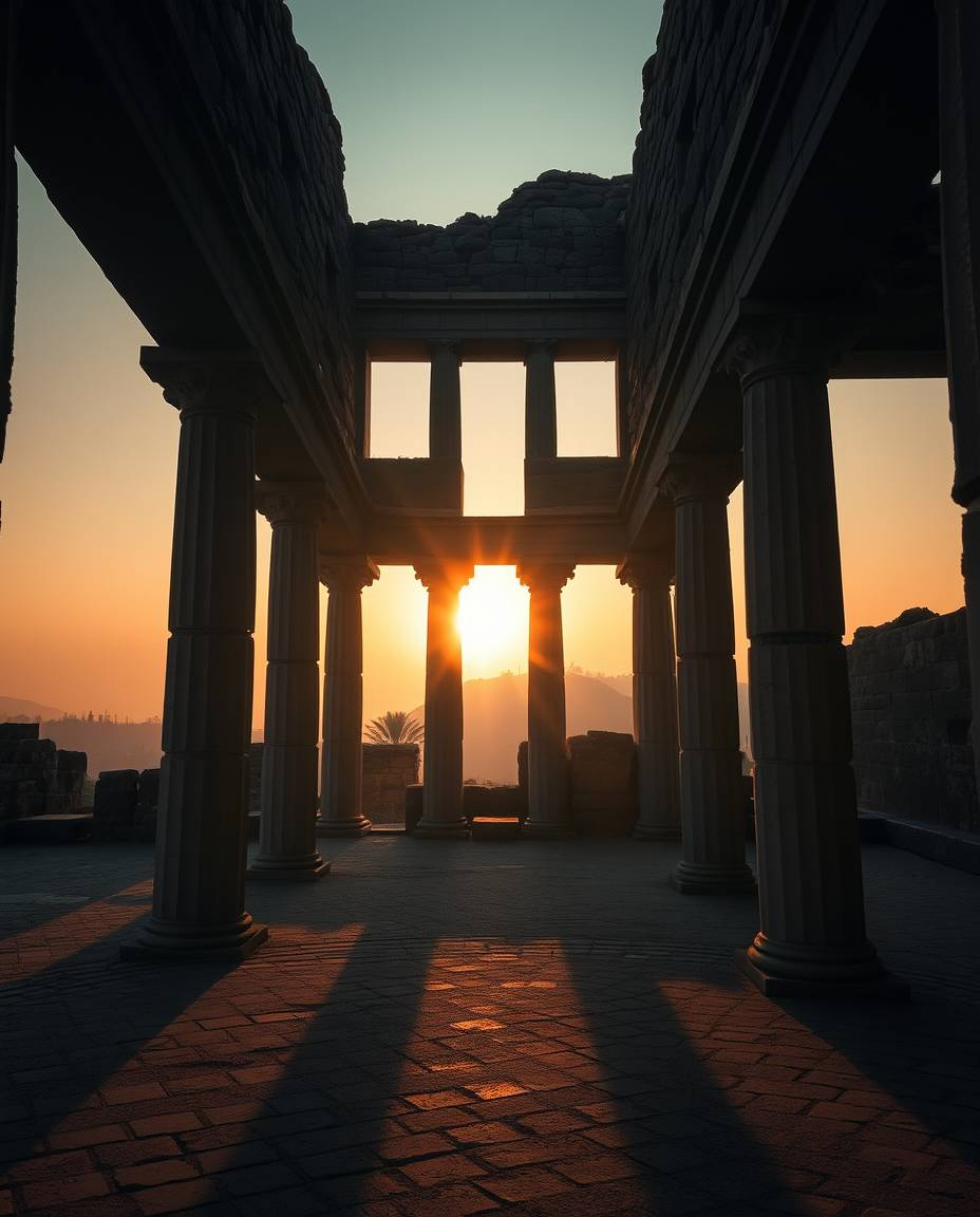 A soft, dreamy atmosphere depicts a sunset casting shadows through ancient stone ruins. The scene uses a warm terracotta and 