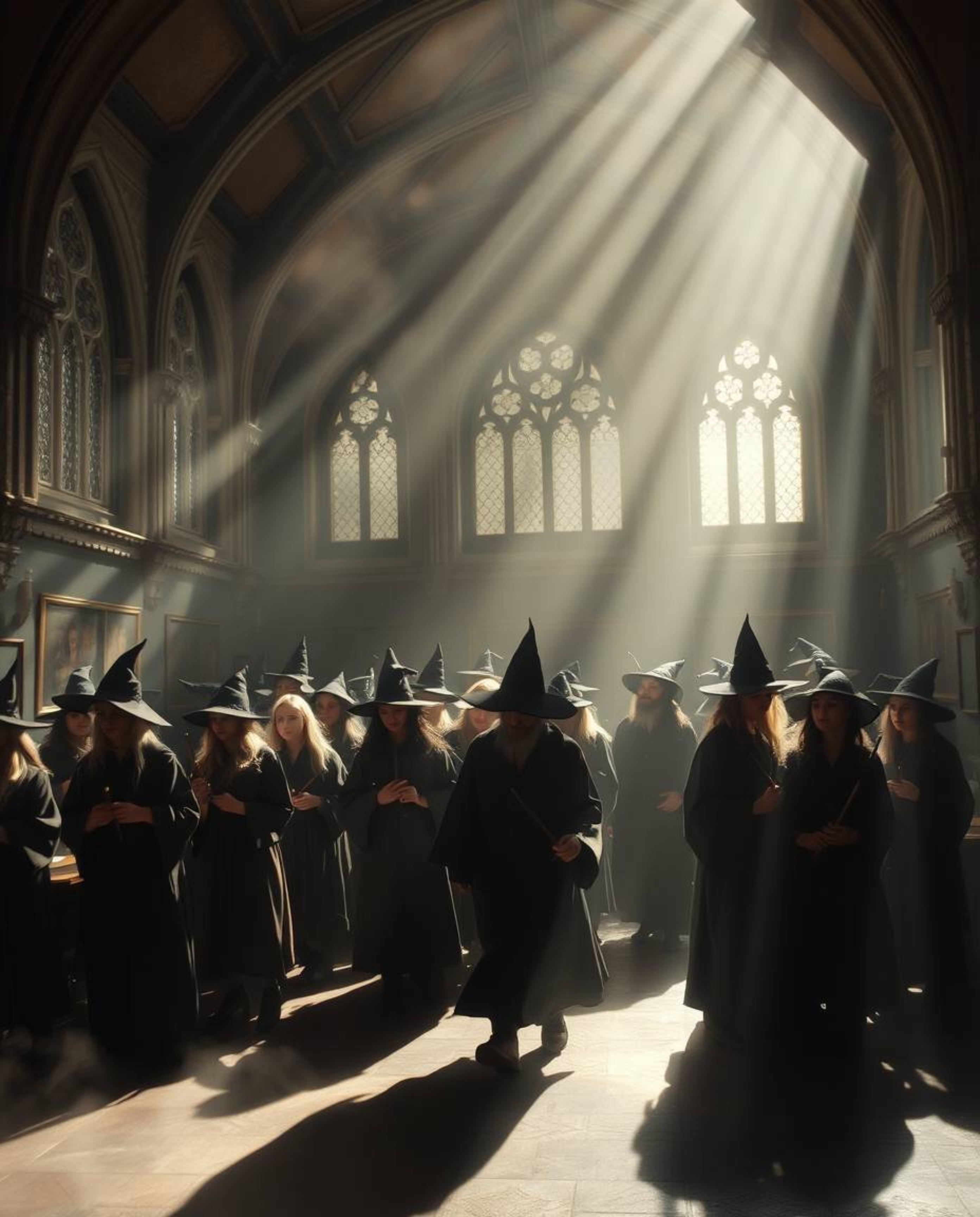Explore a magical school teeming with young wizards, bathed in a dramatic interplay of strong, hard light that creates both a