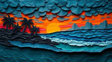 This layered papier-mâché sculpture captures the essence of a tropical beach sunset with swaying palm trees and a cool color 