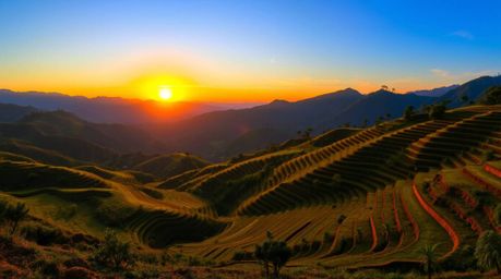 A bright and vibrant photograph capturing a stunning sunset over rice terraces nestled in the mountains, evoking a lively and