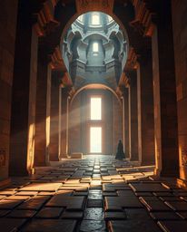 Experience a visually stunning and epic scene blending modern and futuristic elements with massively scaled Islamic geometric