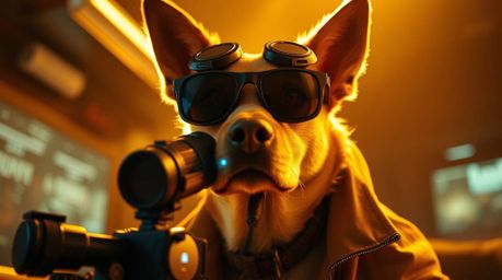 Explore a world where a canine sleuth uses cutting-edge technology to solve mysteries. Bathed in a warm, golden light and ren