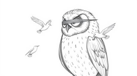 A heartwarming hand-drawn sketch in the style of Pixar depicts a wise, blind owl patiently teaching a flock of birds how to f