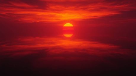 A dramatic cinematic scene featuring intense lighting and a film-like composition. A colorful sunset is reflected in a calm p