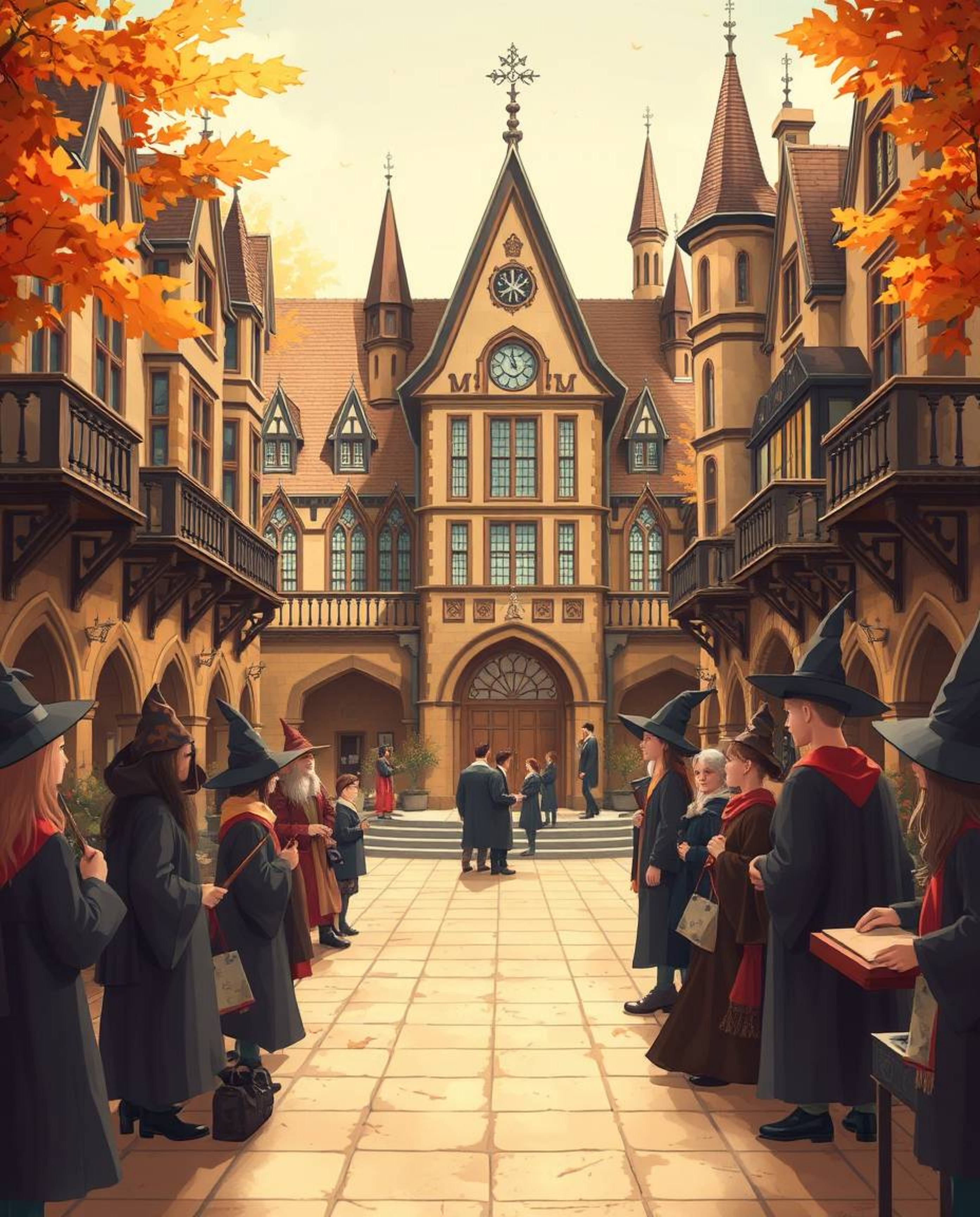 Immerse yourself in a graceful and elegant magical school brimming with young wizards, depicted in inviting warm autumn color