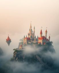 Explore a breathtaking fine art photograph depicting a colorful kingdom with floating islands and majestic castles, shrouded