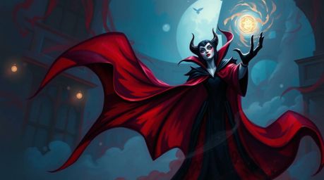 A captivating ethereal painting depicts a sophisticated Disney villain casting a spell within a classic castle. Rich burgundy