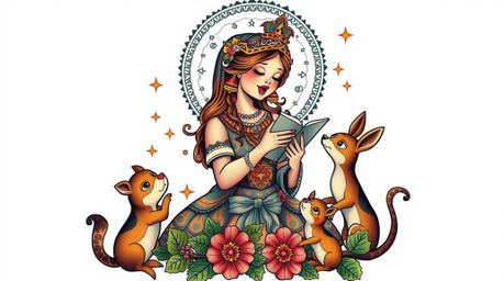 Explore beautiful symbolic traditional tattoo art prints and vintage 2D animation style artwork featuring a princess singing 