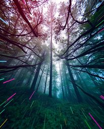 A captivating digital painting showcases a surreal contrast between a natural forest scene and a digital glitch effect.  The 