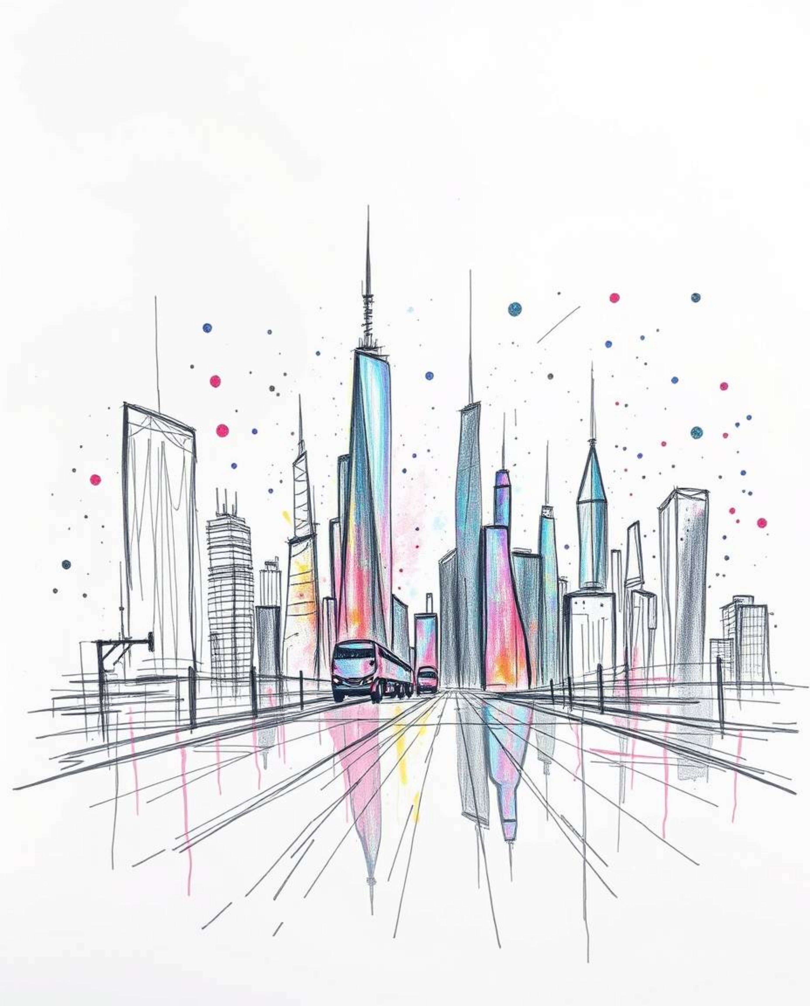 Explore a hand-drawn, futuristic cityscape brought to life with iridescent colors and creative light art. Neon splashes form 