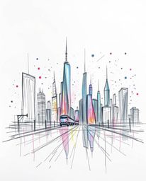 Explore a hand-drawn, futuristic cityscape brought to life with iridescent colors and creative light art. Neon splashes form 