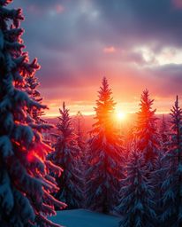 In a dramatic cinematic style, this image captures sunset light sparkling on snowy pine trees, creating stunning iridescent c