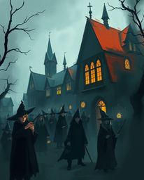 Explore a digital sketch of a magical school teeming with young wizards, rendered in an eerie and unsettling atmosphere. This