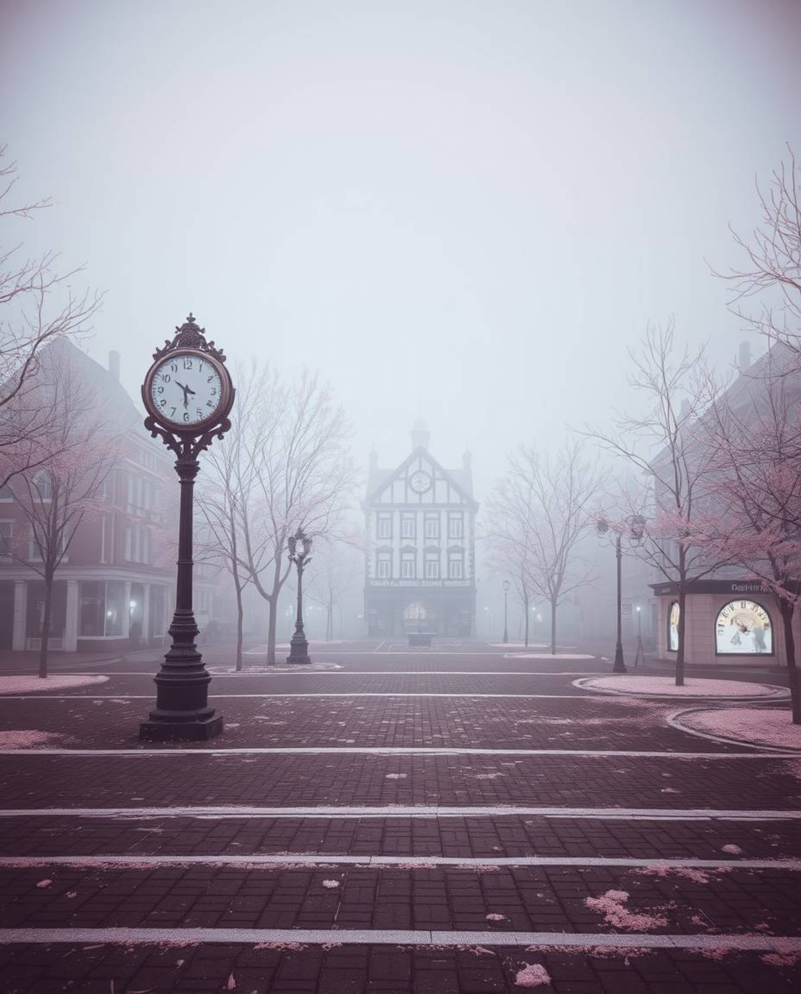 An empty town square comes alive with a surreal, otherworldly appearance captured through infrared photography.  The ticking 