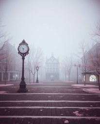 An empty town square comes alive with a surreal, otherworldly appearance captured through infrared photography.  The ticking 