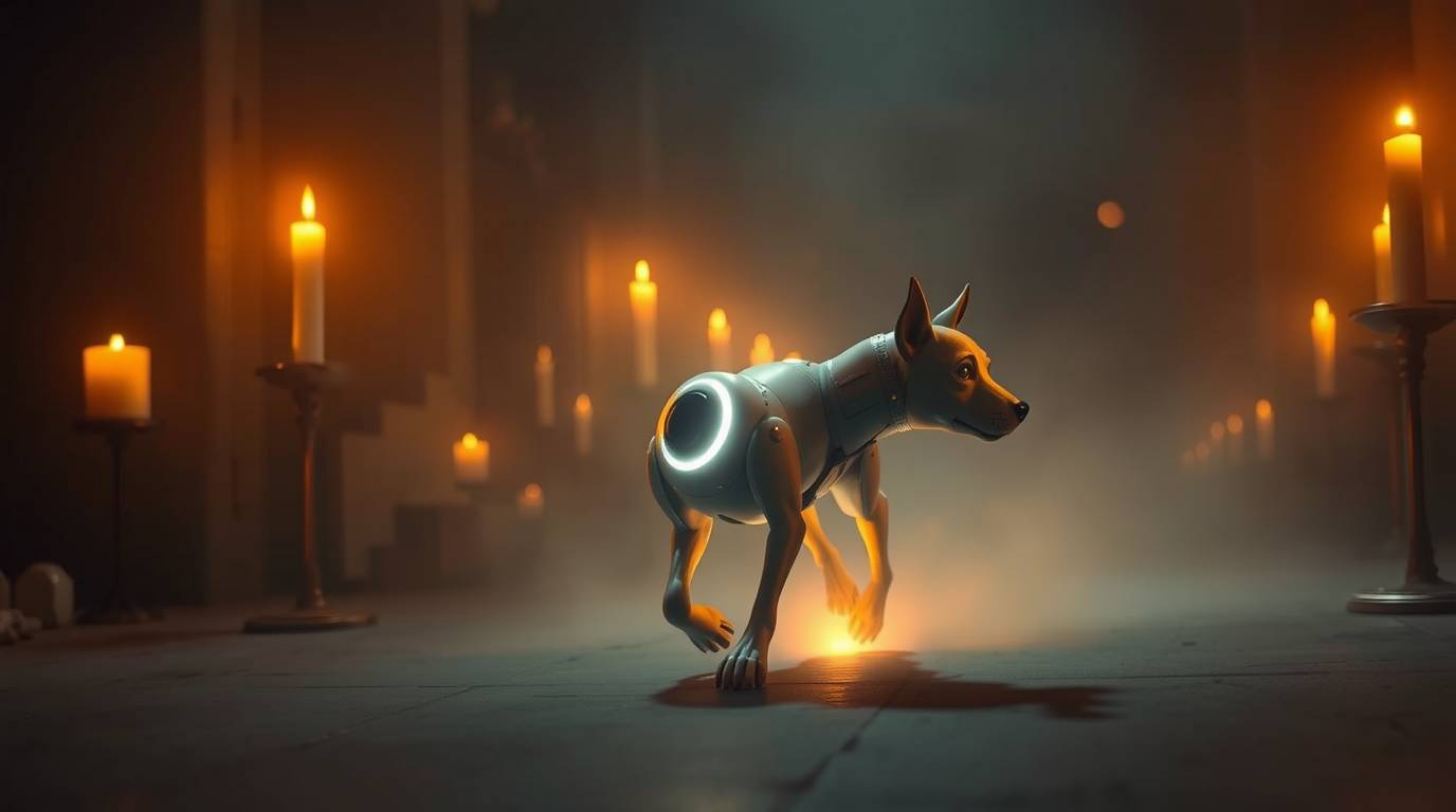 A surreal and captivating scene depicts a futuristic dog autonomously strolling through the vast expanse of space. Bathed in 