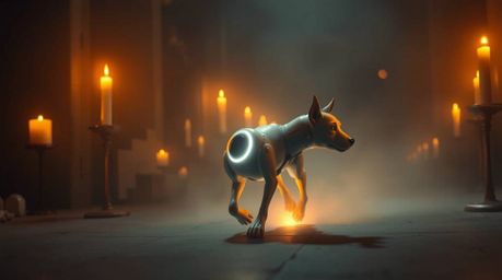 A surreal and captivating scene depicts a futuristic dog autonomously strolling through the vast expanse of space. Bathed in 