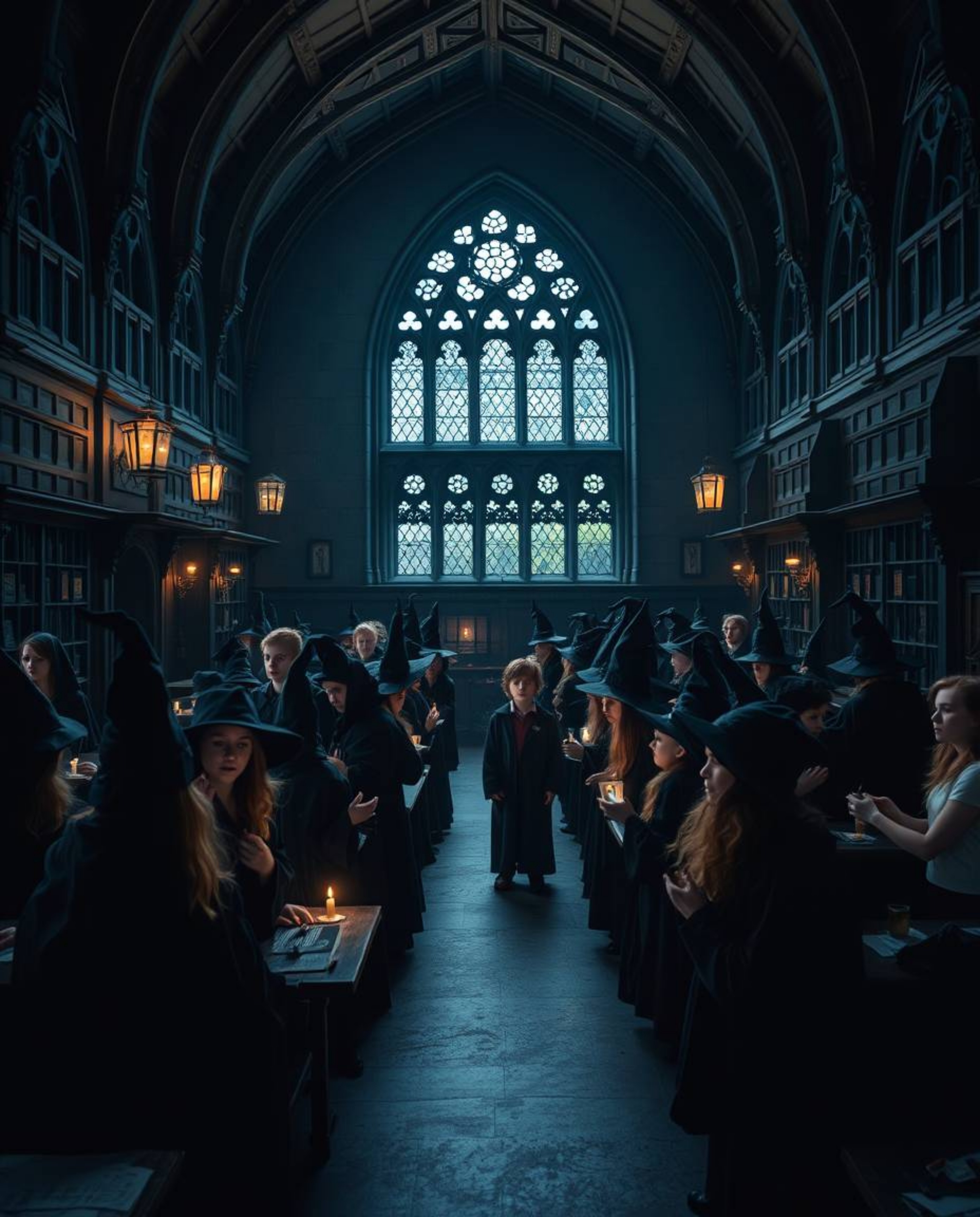 A high-resolution stock photo showcasing a magical school brimming with young wizards. The image boasts a strong, moody style