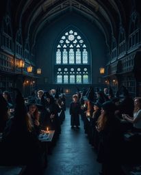 A high-resolution stock photo showcasing a magical school brimming with young wizards. The image boasts a strong, moody style