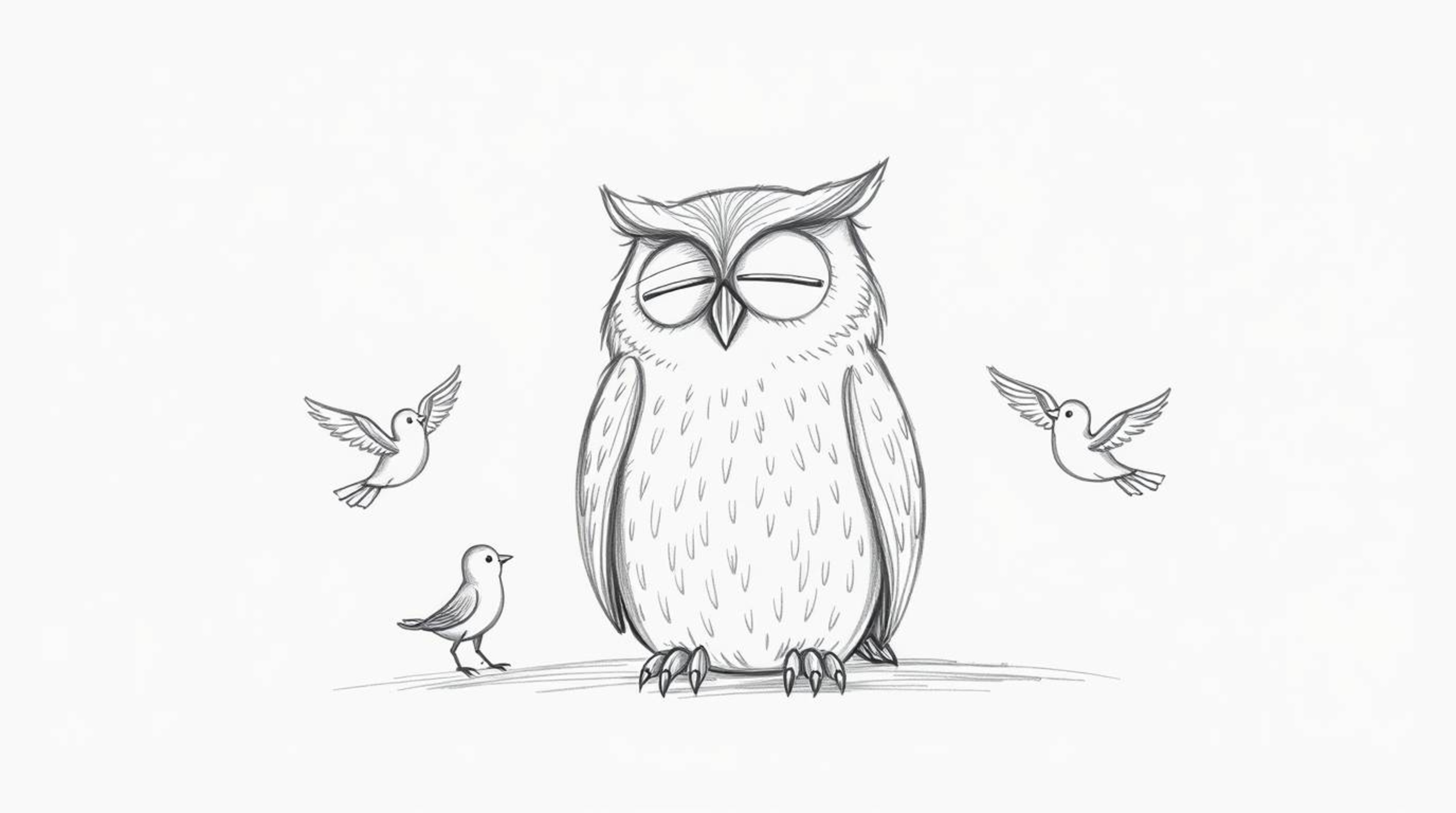 A heartwarming hand-drawn sketch depicts a blind, wise-looking owl, rendered in a Pixar style. The owl rests peacefully while
