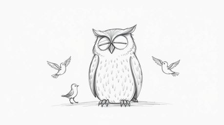A heartwarming hand-drawn sketch depicts a blind, wise-looking owl, rendered in a Pixar style. The owl rests peacefully while