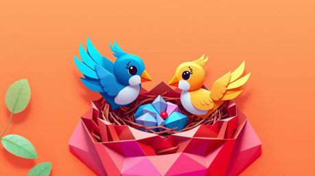 Delightful animation showcasing two cartoon birds meticulously constructing a nest. The intricate design features a classic