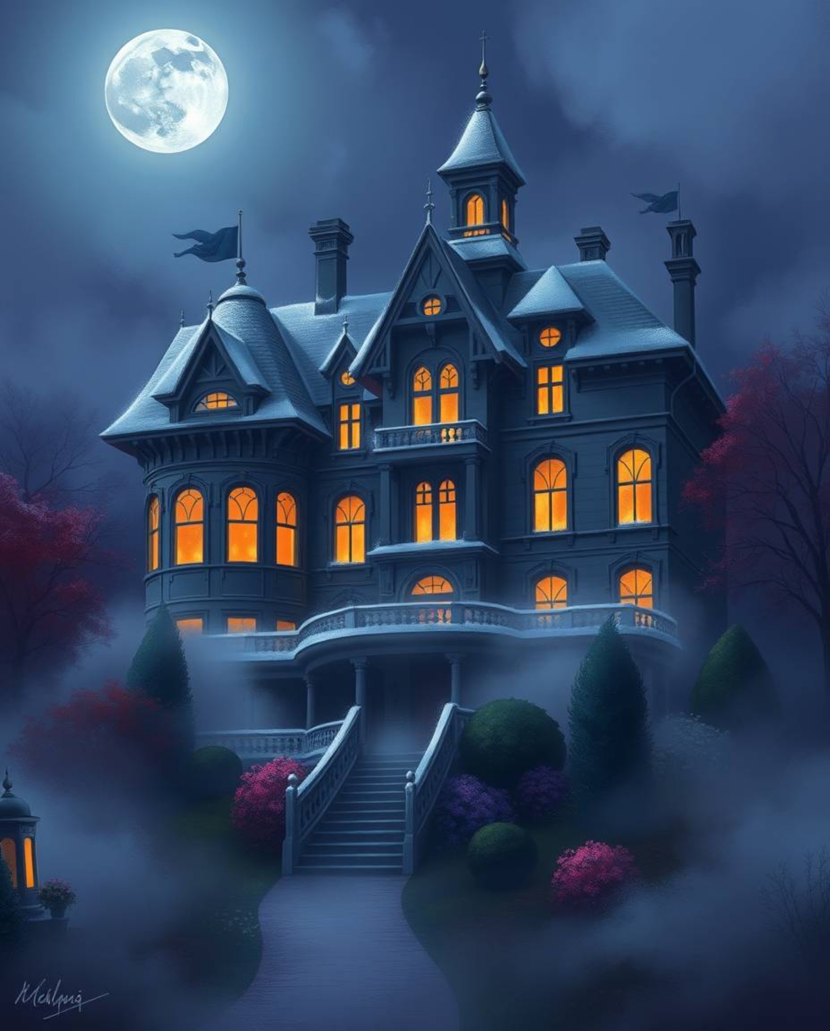 A mesmerizing digital painting featuring a fog-covered Victorian mansion bathed in soft moonlight. The artwork boasts vibrant