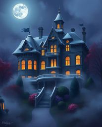 A mesmerizing digital painting featuring a fog-covered Victorian mansion bathed in soft moonlight. The artwork boasts vibrant