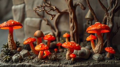 This unique sculptural clay artwork depicts a vintage-style enchanted forest, brought to life with glowing red, orange, and y