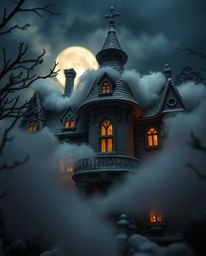 Explore an extreme macro close-up view of a sculpted papier-mâché Victorian mansion cloaked in fog under the enchanting moonl