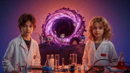 A cinematic and vibrant photograph, in a whimsical Pixar-inspired style, captures a science fair duo—a curious boy with messy