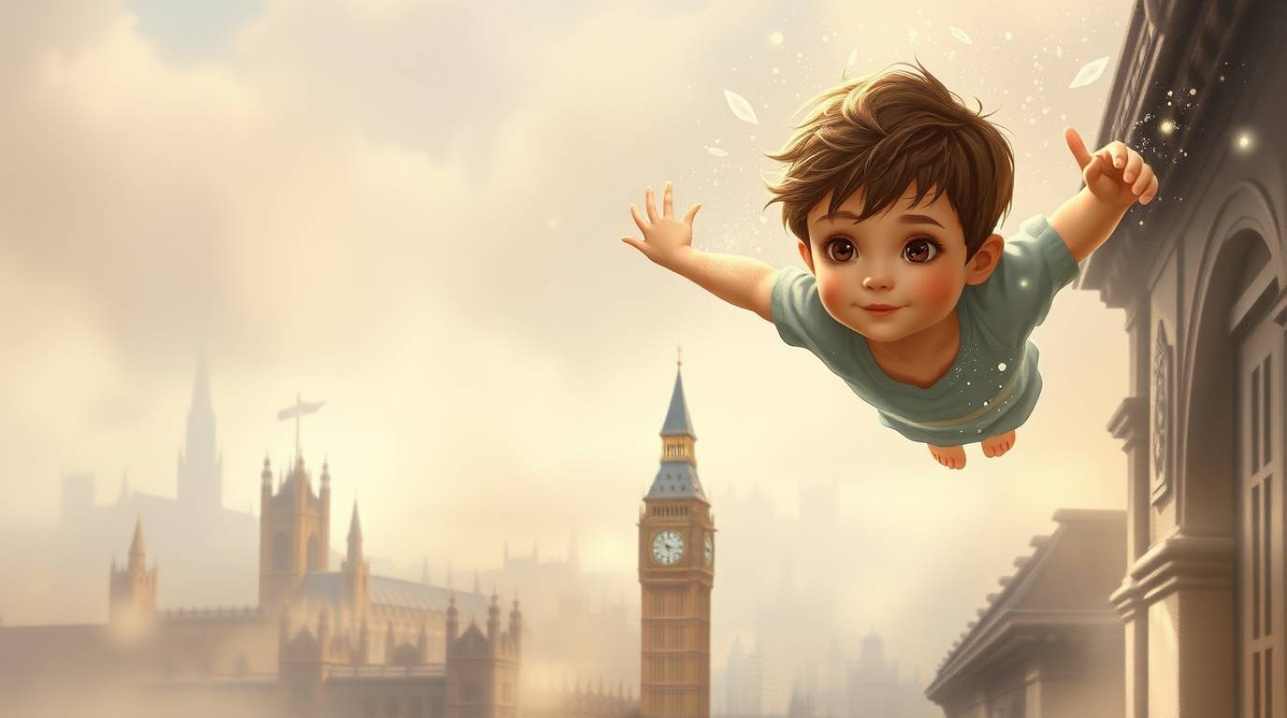 A young boy with soft features floats effortlessly above a hazy London cityscape, sprinkled with shimmering pixie dust.  The 