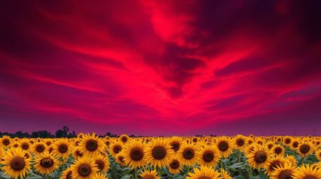 A stunning landscape photograph captures a vibrant sunflower field bathed in the dramatic light of a deep red and purple suns