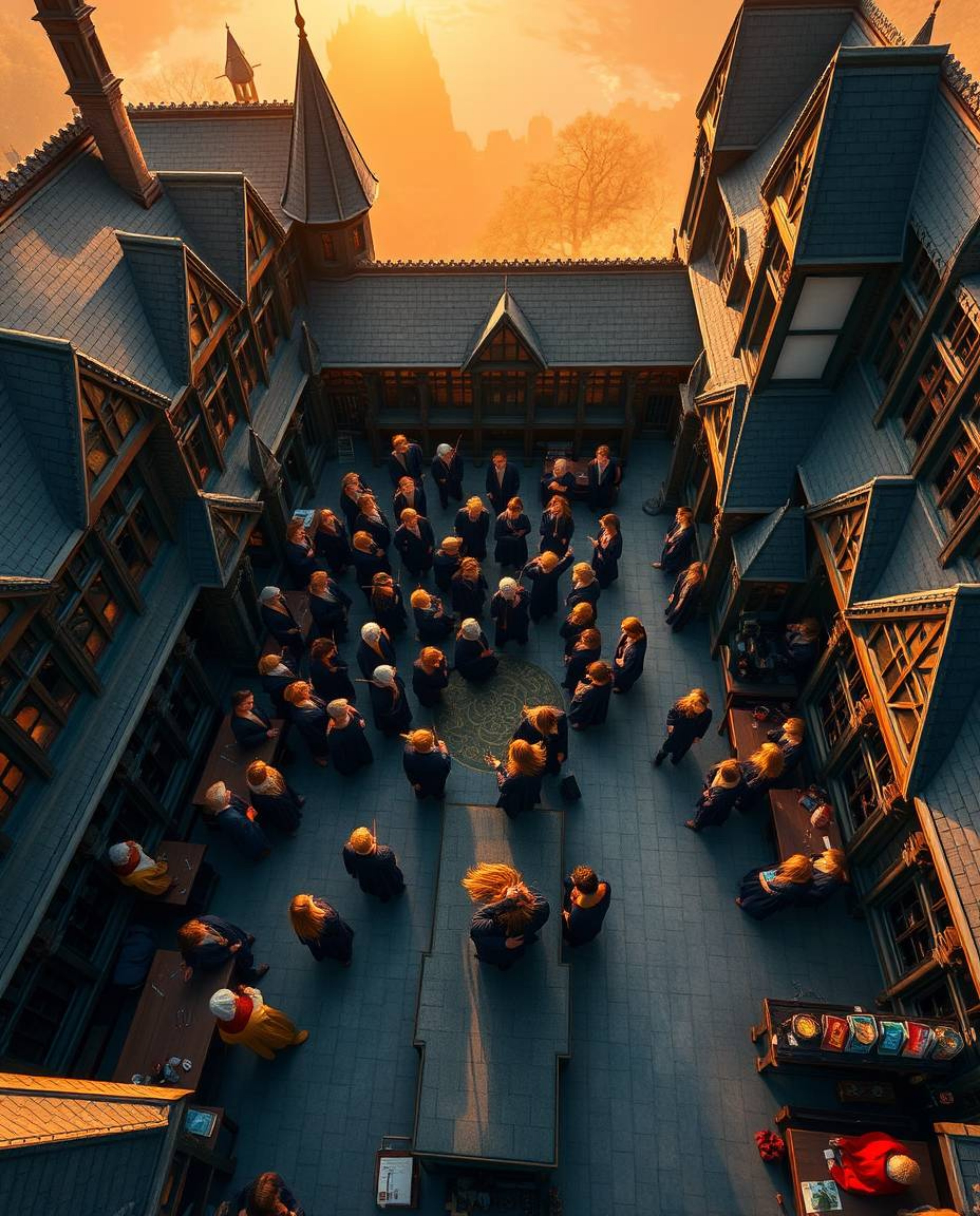 Discover a breathtaking aerial view of a magical school teeming with young wizards, bathed in the warm, golden light of eithe