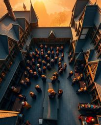 Discover a breathtaking aerial view of a magical school teeming with young wizards, bathed in the warm, golden light of eithe