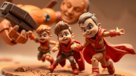 A trio of superpowered kids are locked in an intense battle with a formidable robot, uniquely sculpted from warm-toned clay. 