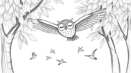 A charming hand-drawn pencil sketch in the style of Pixar depicts a serene blind owl gliding peacefully between lush trees.  