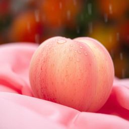 A close-up, high-resolution ASMR aesthetic image showcasing a soft, blushing pink peach resting on silky pastel pink fabric. 